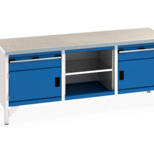 2M Heavy Duty Work Table with Storage - Cubio Storage Bench (Lino) 1 Drwr-Door / Mid Shelf / 1 Drwr-Door. WxDxH: 2000X750X840mm Ral 7035/5010 _SKU-41002054.11V