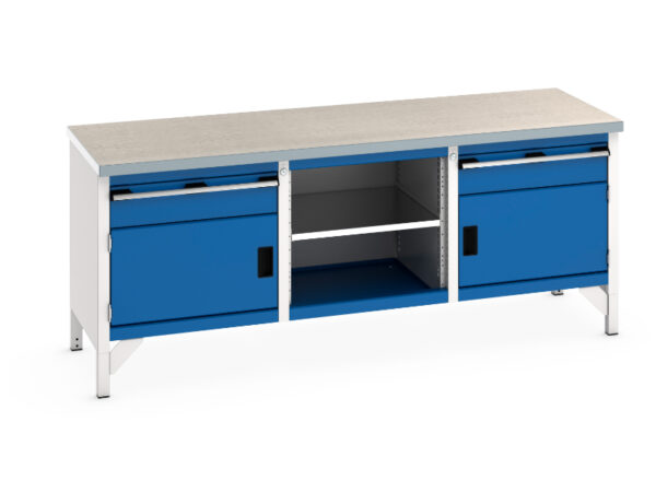 2M Heavy Duty Work Table with Storage - Cubio Storage Bench (Lino) 1 Drwr-Door / Mid Shelf / 1 Drwr-Door. WxDxH: 2000X750X840mm Ral 7035/5010 _SKU-41002054.11V