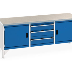 Work Table with Cupboard And Drawers - Cubio Storage Bench (Lino) Full Cupboard / 3 Drw / Full Cupboard. WxDxH: 2000X750X840mm Ral 7035/5010 _SKU-41002057.11V