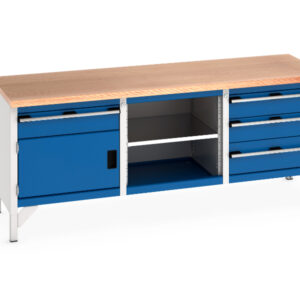 2M Metal Work Table with Drawers - Cubio Storage Bench (Mpx) 1 Drawer-Door / Mid Shelf / 3 Drawers. WxDxH: 2000X750X840mm Ral 7035/5010 _SKU-41002058.11V