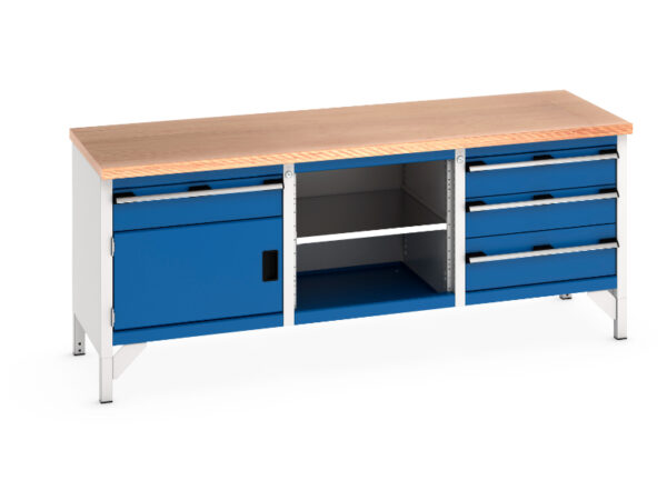2M Metal Work Table with Drawers - Cubio Storage Bench (Mpx) 1 Drawer-Door / Mid Shelf / 3 Drawers. WxDxH: 2000X750X840mm Ral 7035/5010 _SKU-41002058.11V