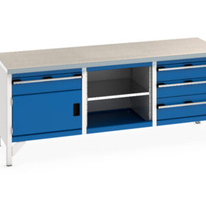 5 Drawer Work Table - Cubio Storage Bench (Lino) 5 Drawer-Door / Mid Shelf / 3 Drawers. WxDxH: 2000X750X840mm Ral 7035/5010 _SKU-41002060.11V