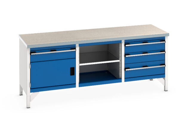 5 Drawer Work Table - Cubio Storage Bench (Lino) 5 Drawer-Door / Mid Shelf / 3 Drawers. WxDxH: 2000X750X840mm Ral 7035/5010 _SKU-41002060.11V