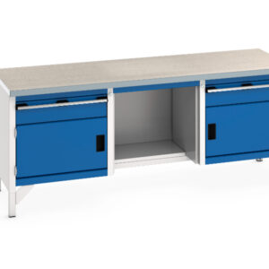 Long Heavy Duty Work Table - Cubio Storage Bench (Lino) 1 Drwr-Door / 1/2 Shelf / 1 Drwr-Door. WxDxH: 2000X750X840mm Ral 7035/5010 _SKU-41002069.11V