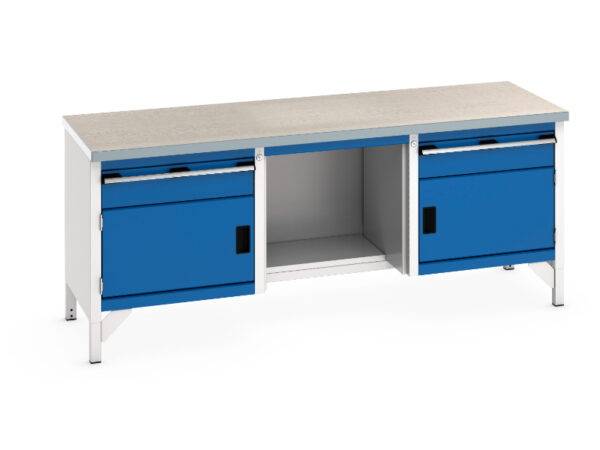 Long Heavy Duty Work Table - Cubio Storage Bench (Lino) 1 Drwr-Door / 1/2 Shelf / 1 Drwr-Door. WxDxH: 2000X750X840mm Ral 7035/5010 _SKU-41002069.11V