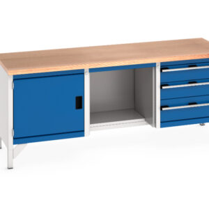 2M Work Table with Shelf - Cubio Storage Bench (Mpx) Full Cupboard / 1/2 Base Shelf / 3 Drw. WxDxH: 2000X750X840mm Ral 7035/5010 _SKU-41002070.11V
