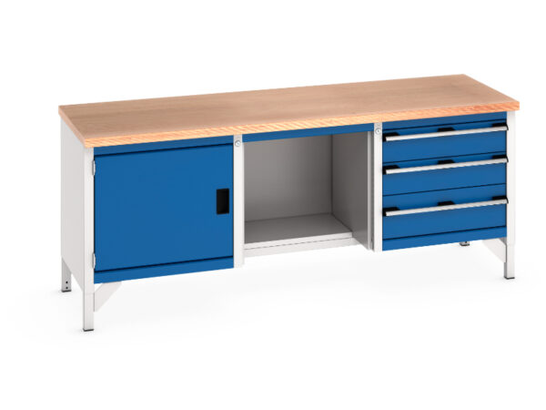 2M Work Table with Shelf - Cubio Storage Bench (Mpx) Full Cupboard / 1/2 Base Shelf / 3 Drw. WxDxH: 2000X750X840mm Ral 7035/5010 _SKU-41002070.11V