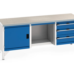 2M Metal Work Table with Storage Cupboard - Cubio Storage Bench (Lino) Full Cupboard / 1/2 Base Shelf / 3 Drw. WxDxH: 2000X750X840mm Ral 7035/5010 _SKU-41002072.11V