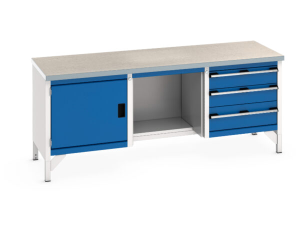 2M Metal Work Table with Storage Cupboard - Cubio Storage Bench (Lino) Full Cupboard / 1/2 Base Shelf / 3 Drw. WxDxH: 2000X750X840mm Ral 7035/5010 _SKU-41002072.11V