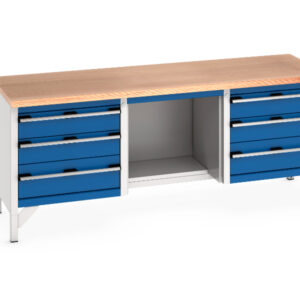 Storage Work Table - Cubio Storage Bench (Mpx) 3 Drawers / Half Base Shelf / 3 Drawers. WxDxH: 2000X750X840mm Ral 7035/5010 _SKU-41002073.11V