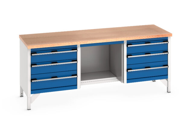 Storage Work Table - Cubio Storage Bench (Mpx) 3 Drawers / Half Base Shelf / 3 Drawers. WxDxH: 2000X750X840mm Ral 7035/5010 _SKU-41002073.11V