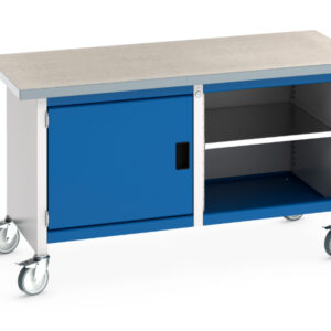 Heavy Duty Work Table On Wheels with Cupboard - Cubio Mobile Storage Bench (Lino) Full Cupboard / Mid Shelf. WxDxH: 1500X750X840mm Ral 7035/5010 _SKU-41002096.11V