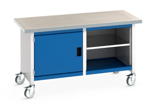 Heavy Duty Work Table On Wheels with Cupboard - Cubio Mobile Storage Bench (Lino) Full Cupboard / Mid Shelf. WxDxH: 1500X750X840mm Ral 7035/5010 _SKU-41002096.11V