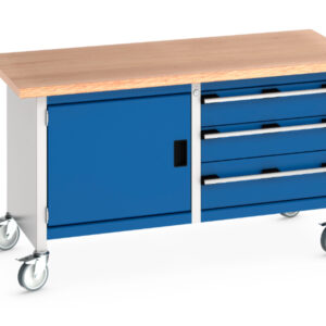 Rolling Stoarge Cupboard Work Table - Cubio Mobile Storage Bench (Mpx) Full Cupboard / 3 Drawers. WxDxH: 1500X750X840mm Ral 7035/5010 _SKU-41002100.11V