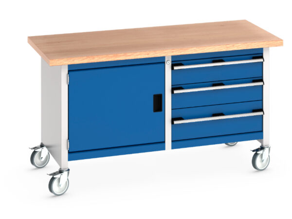 Rolling Stoarge Cupboard Work Table - Cubio Mobile Storage Bench (Mpx) Full Cupboard / 3 Drawers. WxDxH: 1500X750X840mm Ral 7035/5010 _SKU-41002100.11V