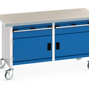 Portable Workshop Work Table - Cubio Mobile Storage Bench (Lino) 1 Drawer-Door/1 Drawer-Door. WxDxH: 1500X750X840mm Ral 7035/5010 _SKU-41002105.11V