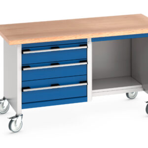 Rolling Work Table Cabinet - Cubio Mobile Storage Bench (Mpx) 3 Drawers / Open-1/2 Base Shelf. WxDxH: 1500X750X840mm Ral 7035/5010 _SKU-41002115.11V