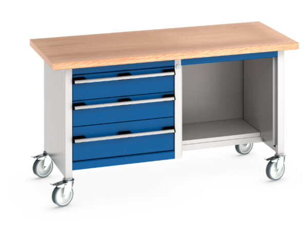 Rolling Work Table Cabinet - Cubio Mobile Storage Bench (Mpx) 3 Drawers / Open-1/2 Base Shelf. WxDxH: 1500X750X840mm Ral 7035/5010 _SKU-41002115.11V