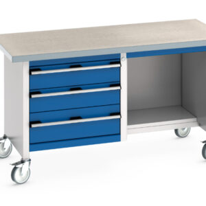 Rolling Stoarge Drawers Work Table - Cubio Mobile Storage Bench (Lino) 3 Drawers / Open-1/2 Base Shelf. WxDxH: 1500X750X840mm Ral 7035/5010 _SKU-41002117.11V