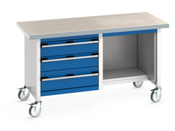 Rolling Stoarge Drawers Work Table - Cubio Mobile Storage Bench (Lino) 3 Drawers / Open-1/2 Base Shelf. WxDxH: 1500X750X840mm Ral 7035/5010 _SKU-41002117.11V