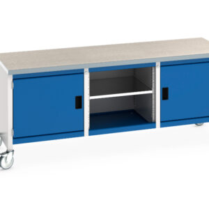 2M Mobile Work Table with Cupboard - Cubio Mobile Storage Bench (Lino) Full Cupboard / Mid Shelf /Full Cupboard. WxDxH: 2000X750X840mm Ral 7035/5010 _SKU-41002120.11V