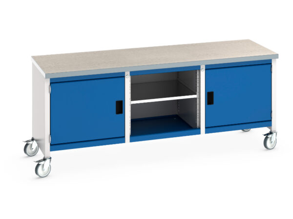 2M Mobile Work Table with Cupboard - Cubio Mobile Storage Bench (Lino) Full Cupboard / Mid Shelf /Full Cupboard. WxDxH: 2000X750X840mm Ral 7035/5010 _SKU-41002120.11V