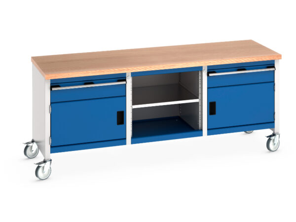 Mobile Work Station Heavy Duty - Cubio Mobile Storage Bench (Mpx) 1 Drwr-Door / Mid Shelf / 1 Drwr-Door. WxDxH: 2000X750X840mm Ral 7035/5010 _SKU-41002121.11V