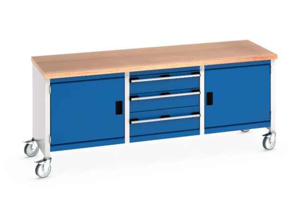 Mobile Work Table Cupboard - Cubio Mobile Storage Bench (Mpx) Full Cupboard / 3 Drw / Full Cupboard. WxDxH: 2000X750X840mm Ral 7035/5010 _SKU-41002124.11V