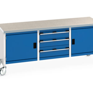 Work Table with Wheels And Drawers - Cubio Mobile Storage Bench (Lino) Full Cupboard / 3 Drw / Full Cupboard. WxDxH: 2000X750X840mm Ral 7035/5010 _SKU-41002126.11V