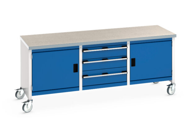Work Table with Wheels And Drawers - Cubio Mobile Storage Bench (Lino) Full Cupboard / 3 Drw / Full Cupboard. WxDxH: 2000X750X840mm Ral 7035/5010 _SKU-41002126.11V