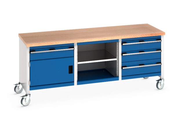 Mobile Workshop Work Station - Cubio Mobile Storage Bench (Mpx) 1 Drawer-Door / Mid Shelf / 3 Drawers. WxDxH: 2000X750X840mm Ral 7035/5010 _SKU-41002127.11V