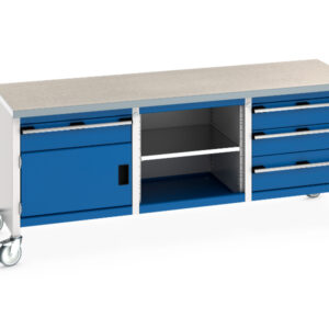 Industrial Work Tablees On Castors - Cubio Mobile Storage Bench (Lino) 1 Drawer-Door / Mid Shelf / 3 Drawers. WxDxH: 2000X750X840mm Ral 7035/5010 _SKU-41002129.11V