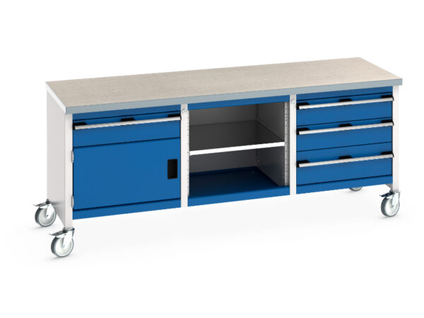 Industrial Work Tablees On Castors - Cubio Mobile Storage Bench (Lino) 1 Drawer-Door / Mid Shelf / 3 Drawers. WxDxH: 2000X750X840mm Ral 7035/5010 _SKU-41002129.11V