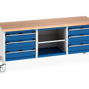 Rolling Work Table On Wheels with Drawers - Cubio Mobile Storage Bench (Mpx) 3 Drawers / Mid Shelf / 3 Drawers. WxDxH: 2000X750X840mm Ral 7035/5010 _SKU-41002130.11V