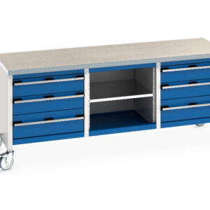 Work Table On Wheels with Drawers - Cubio Mobile Storage Bench (Lino) 3 Drawers / Mid Shelf / 3 Drawers. WxDxH: 2000X750X840mm Ral 7035/5010 _SKU-41002132.11V