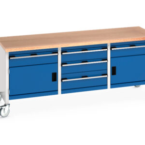 Industrial Work Tablees On Wheels - Cubio Mobile Storage Bench (Mpx) 1 Drwr-Door / 3 Drw Cab / 1 Drwr-Door. WxDxH: 2000X750X840mm Ral 7035/5010 _SKU-41002133.11V