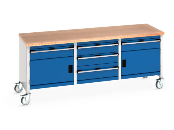 Industrial Work Tablees On Wheels - Cubio Mobile Storage Bench (Mpx) 1 Drwr-Door / 3 Drw Cab / 1 Drwr-Door. WxDxH: 2000X750X840mm Ral 7035/5010 _SKU-41002133.11V