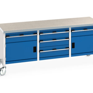Portable Work Table On Wheels with Drawers - Cubio Mobile Storage Bench (Lino) 1 Drwr-Door / 3 Drw Cab / 1 Drwr-Door. WxDxH: 2000X750X840mm Ral 7035/5010 _SKU-41002135.11V