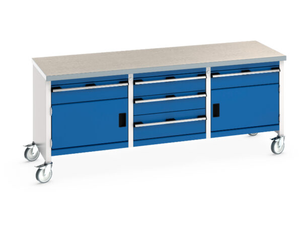 Portable Work Table On Wheels with Drawers - Cubio Mobile Storage Bench (Lino) 1 Drwr-Door / 3 Drw Cab / 1 Drwr-Door. WxDxH: 2000X750X840mm Ral 7035/5010 _SKU-41002135.11V