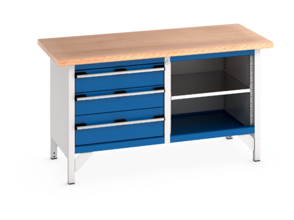 Bott Work Bench - Cubio Storage Bench (Mpx) 3 Drawers / Mid Shelf. WxDxH: 1500X750X840mm Ral 7035/5010 _SKU-41002166.11V