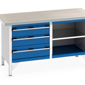 Metal Work Table with Drawers - Cubio Storage Bench (Lino) 3 Drawers / Mid Shelf. WxDxH: 1500X750X840mm Ral 7035/5010 _SKU-41002167.11V