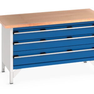 Steel Work Table with Drawers - Cubio Storage Bench (Mpx) 3 Full Width Drawers. WxDxH: 1500X750X840mm Ral 7035/5010 _SKU-41002169.11V