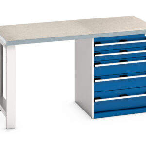 Hevay Duty 5 Drawer Cupboard Work Table - Cubio Pedestal Bench (Lino) with 5 Drawer Pedestal Cabinet. WxDxH: 1500X750X840mm Ral 7035/5010 _SKU-41003135.11V