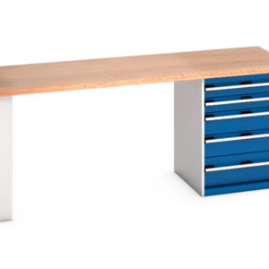 Heavy Duty Work Table with Drawers - Cubio Pedestal Bench (Mpx) with 5 Drawer Pedestal Cabinet. WxDxH: 2000X750X840mm Ral 7035/5010 _SKU-41003229.11V