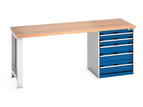 Heavy Duty Work Table with Drawers - Cubio Pedestal Bench (Mpx) with 5 Drawer Pedestal Cabinet. WxDxH: 2000X750X840mm Ral 7035/5010 _SKU-41003229.11V