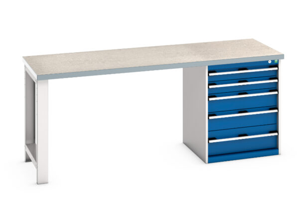 Bott Heavy Duty Bench with Cabinet Built In - Cubio Pedestal Bench (Lino) with 5 Drawer Pedestal Cabinet. WxDxH: 2000X750X840mm Ral 7035/5010 _SKU-41003231.11V