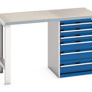 Heavy Duty Bott Work Tablees withdrawers - Cubio Pedestal Bench (Lino) with 6 Drawer Pedestal Cabinet. WxDxH: 1500X750X940mm Ral 7035/5010 _SKU-41003493.11V