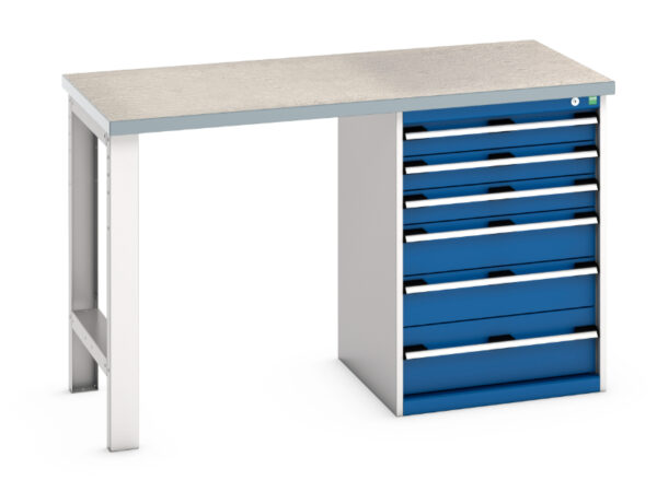 Heavy Duty Bott Work Tablees withdrawers - Cubio Pedestal Bench (Lino) with 6 Drawer Pedestal Cabinet. WxDxH: 1500X750X940mm Ral 7035/5010 _SKU-41003493.11V