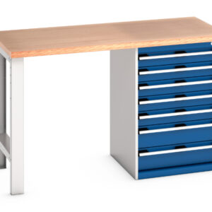 Work Table with Under Cupboard - Cubio Pedestal Bench (Mpx) with 7 Drawer Pedestal Cabinet. WxDxH: 1500X750X940mm Ral 7035/5010 _SKU-41003496.11V