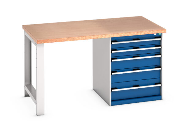 Work Table with Storage Drawers And Cabinet - Cubio Pedestal Bench (Mpx) with 5 Drawer Pedestal Cabinet. WxDxH: 1500X900X840mm Ral 7035/5010 _SKU-41004109.11V